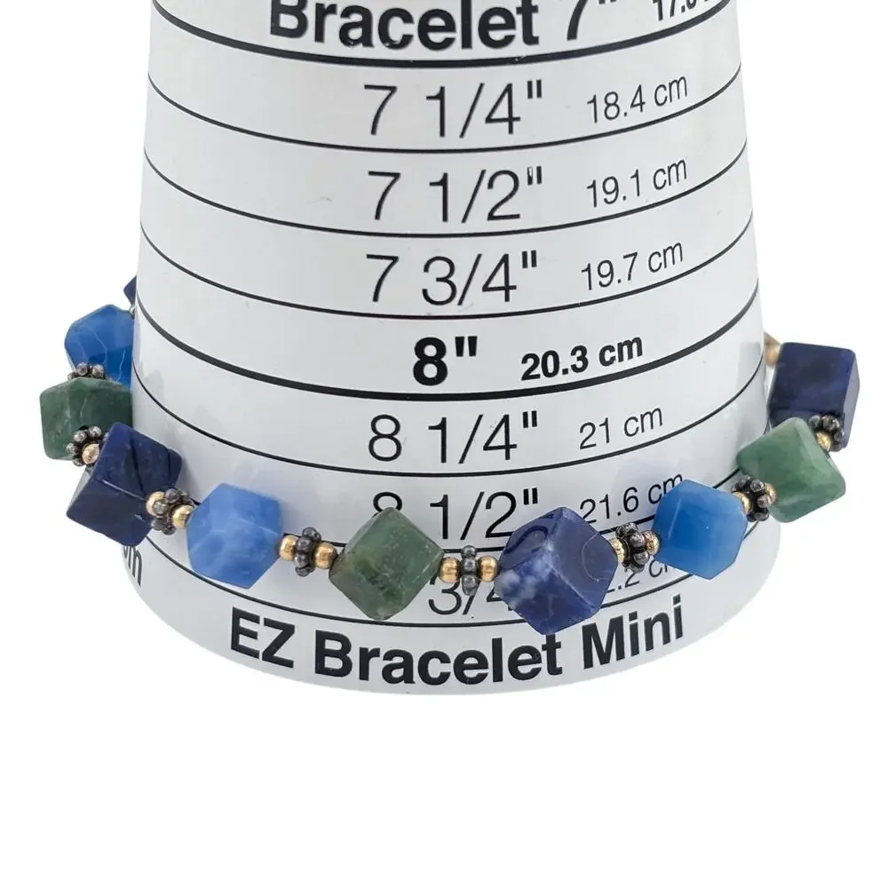 Vintage Sterling Silver 925 Lapis Aventurine Cube Bead Bracelet 7.5
